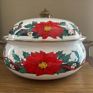 Vintage Enamel Poinsettia Casserole Dish W/Lid Brass Handles